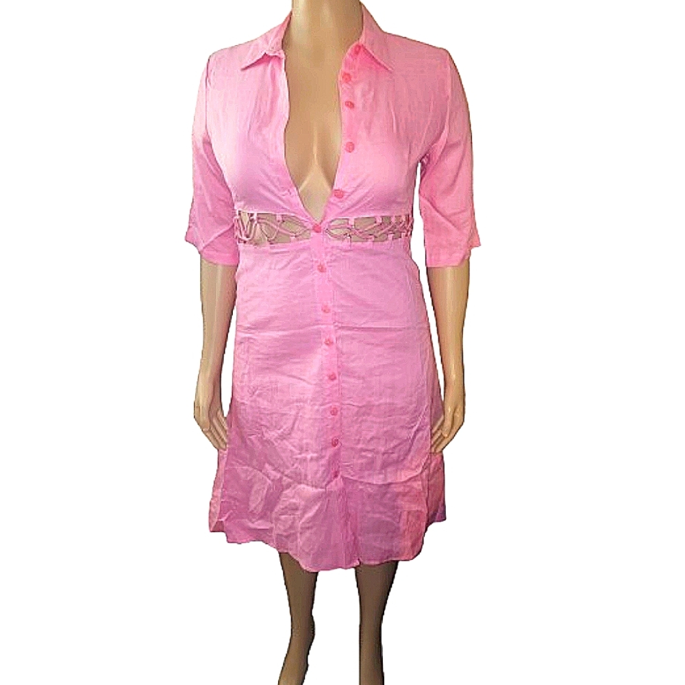 Elizeh, VintagePink, linen, peekaboo waist, high low shirt dress, size 8 runs b…